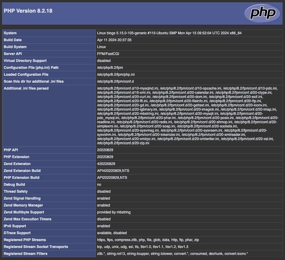 PHP info screen.